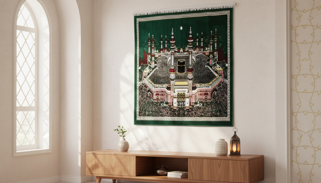 Elegant Green Velvet Islamic Tapestry in serene home setting