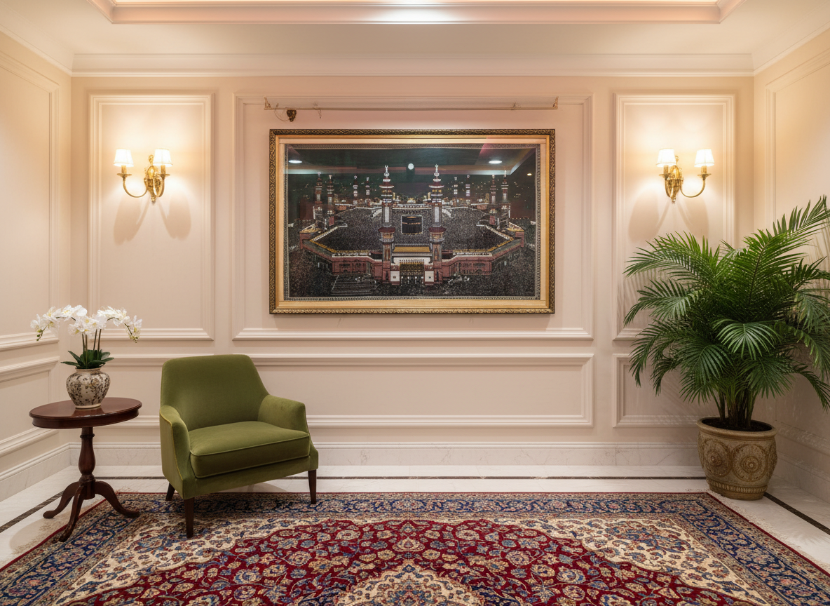 Framed Makkahlooms Green Velvet Makkah Wall Carpet Kaaba 5.25ft x 3.45ft-only for Hyderabad customer