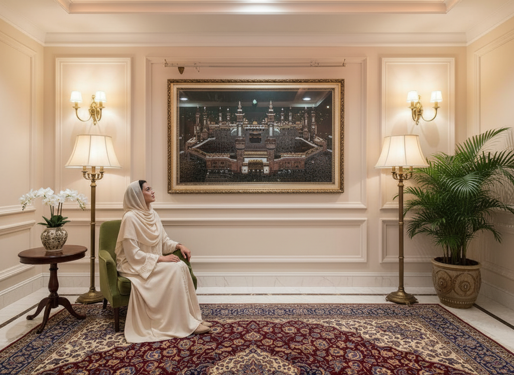 Framed Makkahlooms Green Velvet Makkah Wall Carpet Kaaba 5.25ft x 3.45ft-only for Hyderabad customer