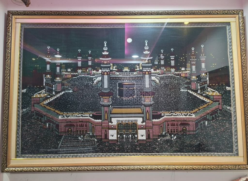 Framed Makkahlooms Green Velvet Makkah Wall Carpet Kaaba 5.25ft x 3.45ft-only for Hyderabad customer